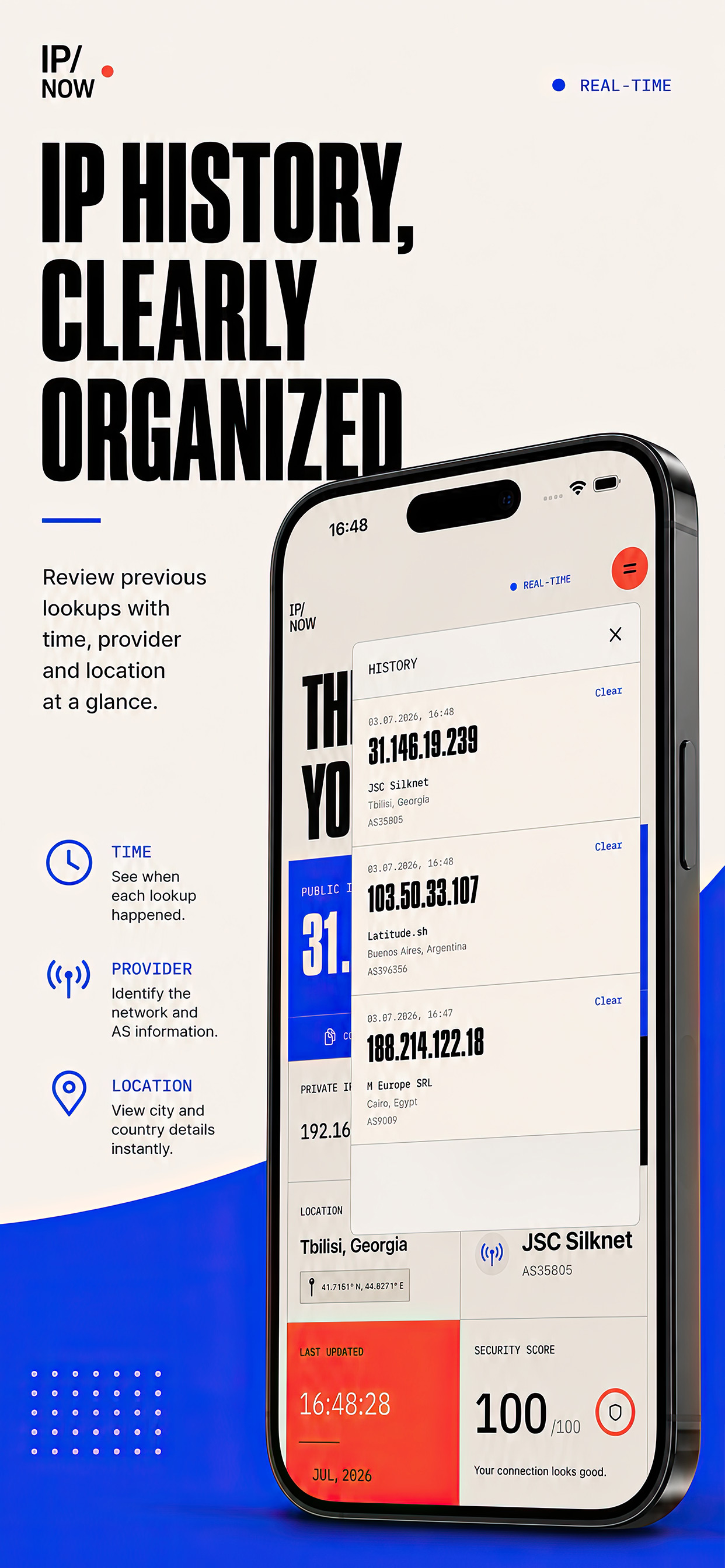 IP Now lookup history with time, provider, and location